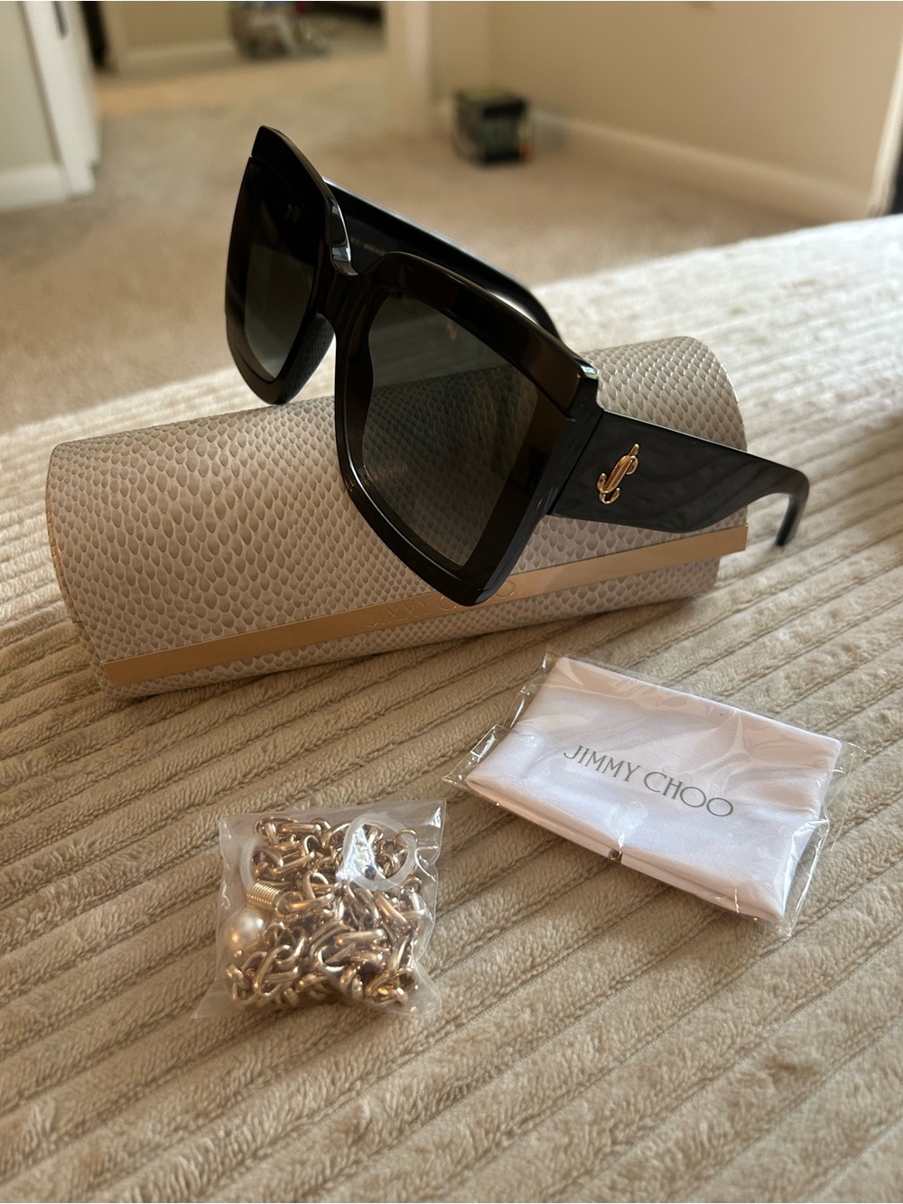 Jimmy Choo Black Oversized Cat-Eye Sunglasses with Gold Logo Accent
